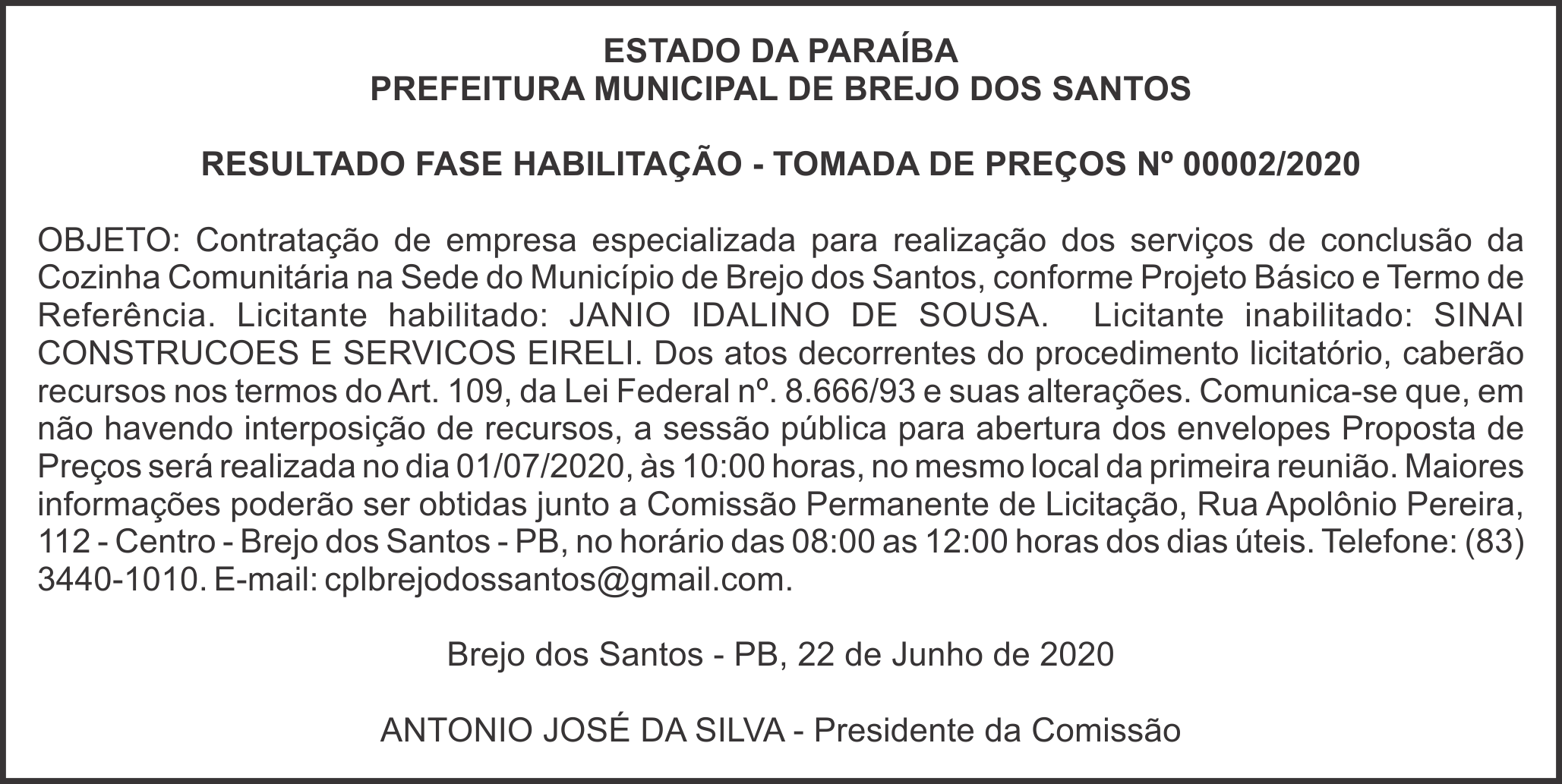 PREFEITURA MUNICIPAL DE BREJO DOS SANTOS – RESULTADO FASE HABILITAÇÃO – TOMADA DE PREÇOS Nº 00002/2020