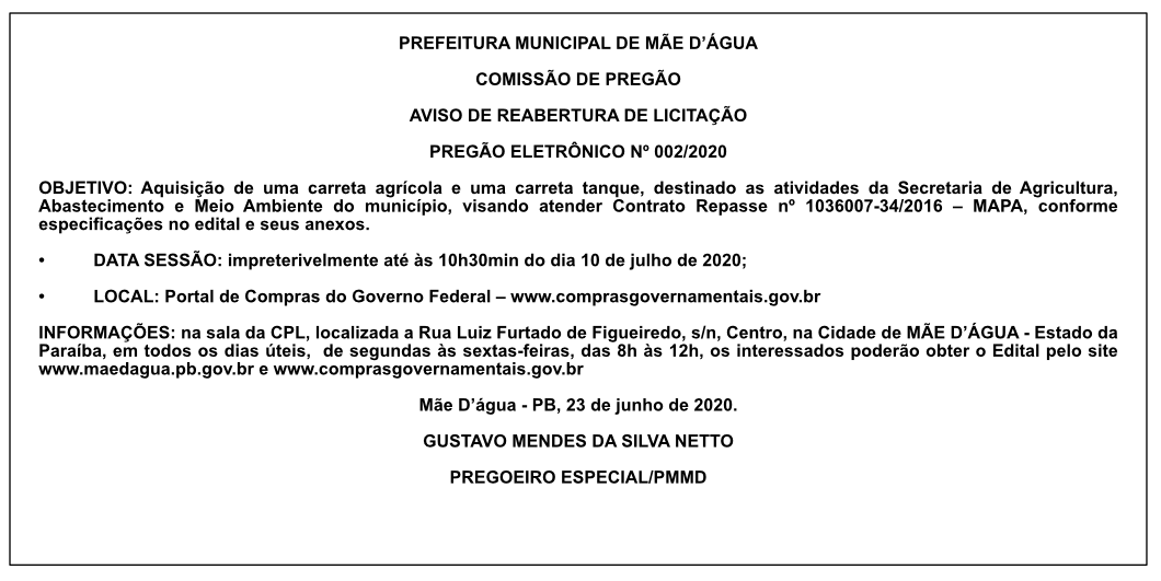PREFEITURA MUNICIPAL DE MÃE D’ÁGUA – AVISO DE REABERTURA DE LICITAÇÃO – PREGÃO ELETRÔNICO Nº  002/2020
