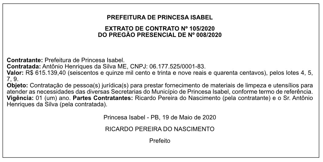 PREF. MUN. DE PRINCESA ISABEL – EXTRATO DE CONTRATO 105/2020 – PREGÃO PRESENCIAL 008/2020