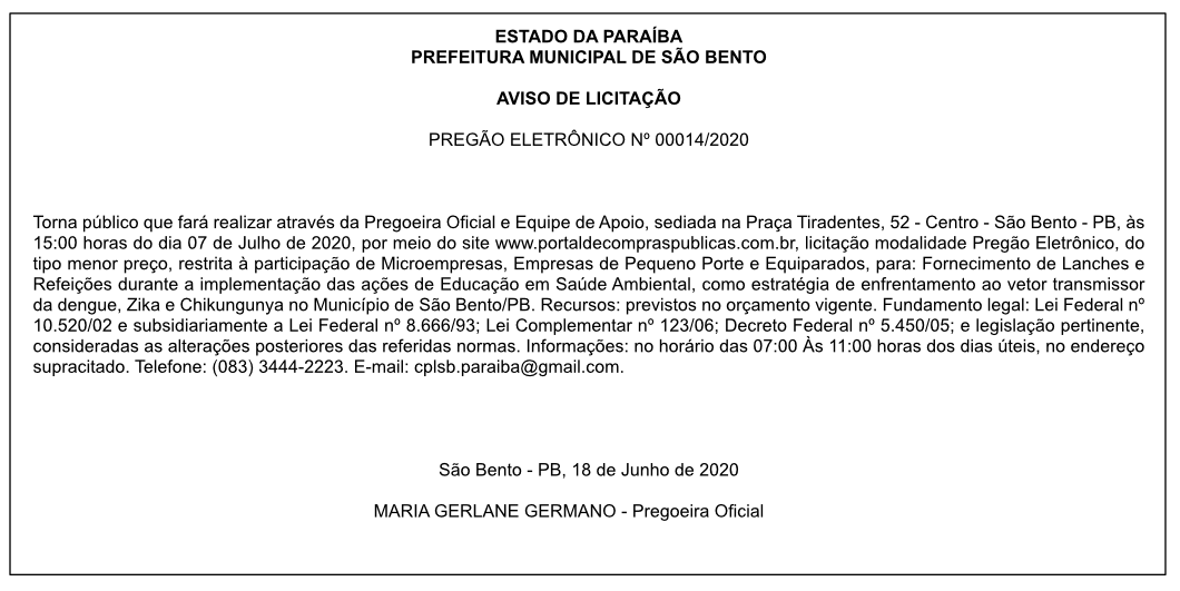 PREFEITURA MUNICIPAL DE SÃO BENTO – AVISO DE LICITAÇÃO – PREGÃO ELETRÔNICO Nº 00014/2020