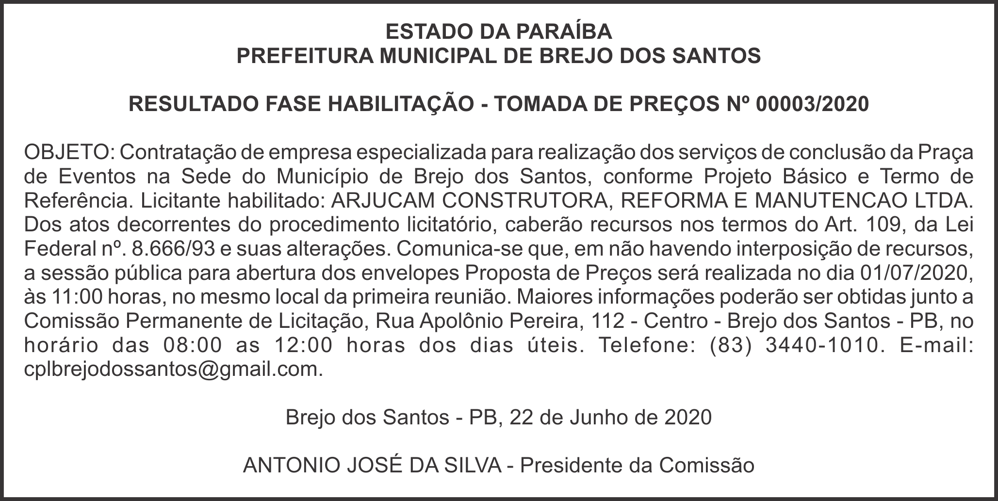 PREFEITURA MUNICIPAL DE BREJO DOS SANTOS – RESULTADO FASE HABILITAÇÃO – TOMADA DE PREÇOS Nº 00003/2020