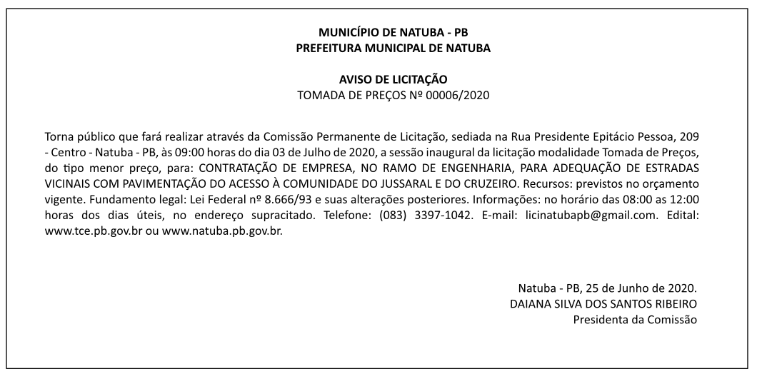 PREFEITURA MUNICIPAL DE NATUBA – AVISO DE LICITAÇÃO – TOMADA DE PREÇOS Nº 00006/2020