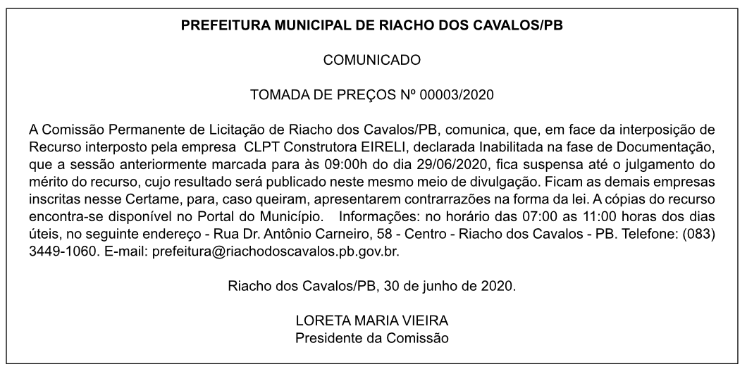 PREFEITURA MUNICIPAL DE RIACHO DOS CAVALOS – TOMADA DE PREÇOS Nº 00003/2020