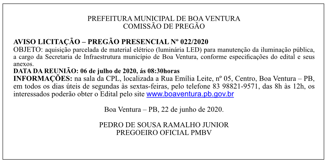 PREFEITURA MUNICIPAL DE BOA VENTURA – AVISO LICITAÇÃO – PREGÃO PRESENCIAL Nº 022/2020