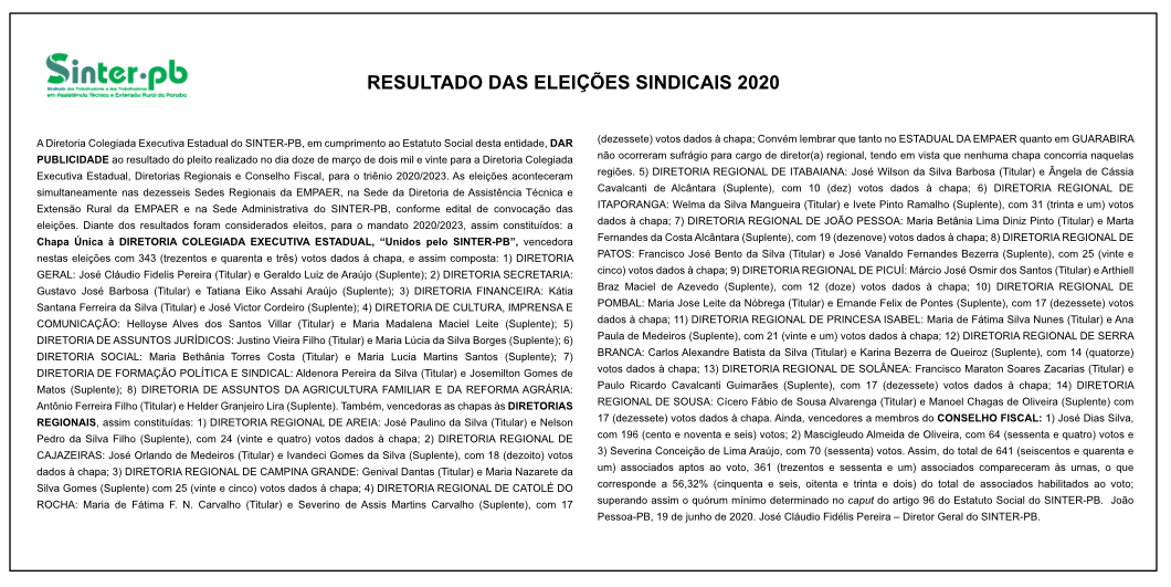 SINTER-PB – RESULTADO DAS ELEIÇÕES SINDICAIS 2020