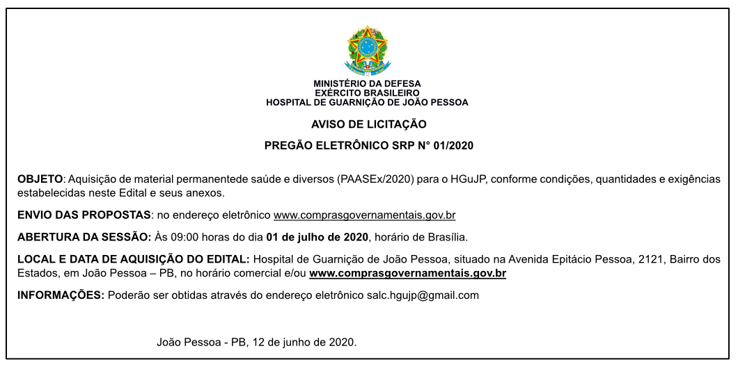 HOSPITAL DE GUARNIÇÃO DE JOÃO PESSOA  – PREGÃO ELETRÔNICO SRP N° 01/2020