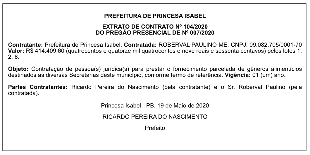 PREF. MUN. DE PRINCESA ISABEL – EXTRATO DE CONTRATO 104/2020 – PREGÃO PRESENCIAL 007/2020