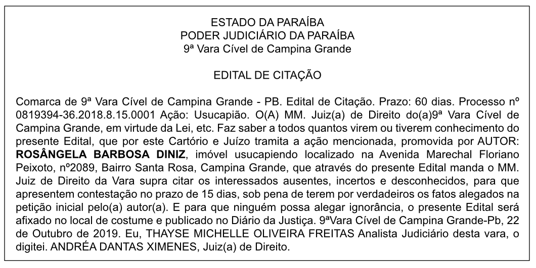 COMARCA DE 9ª VARA CÍVEL DE CAMPINA GRANDE – EDITAL DE CITAÇÃO