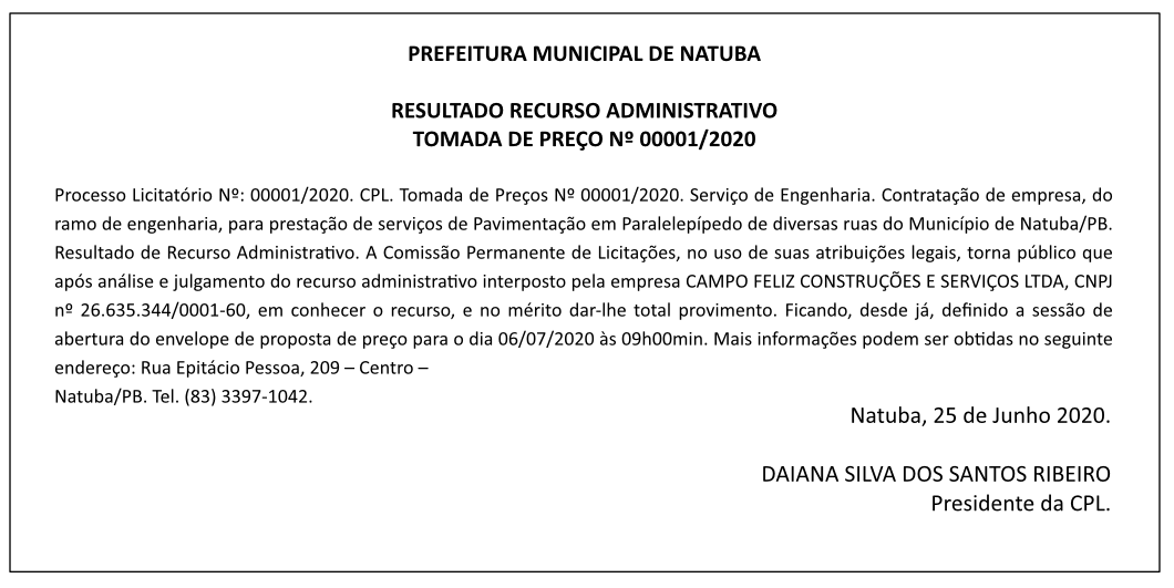 PREFEITURA MUNICIPAL DE NATUBA – TOMADA DE PREÇO Nº 00001/2020