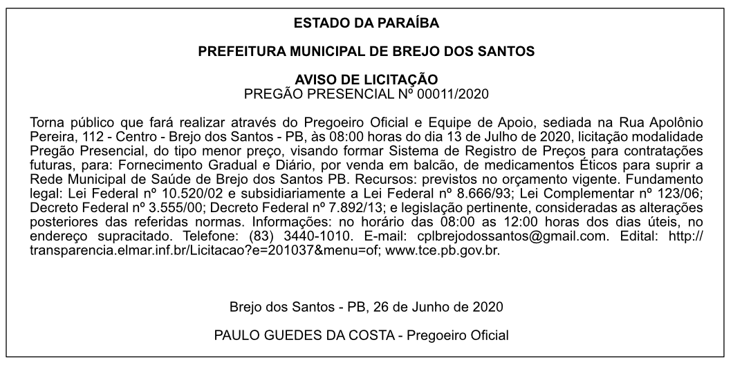 PREFEITURA MUNICIPAL DE BREJO DOS SANTOS – AVISO DE LICITAÇÃO – PREGÃO PRESENCIAL Nº 00011/2020