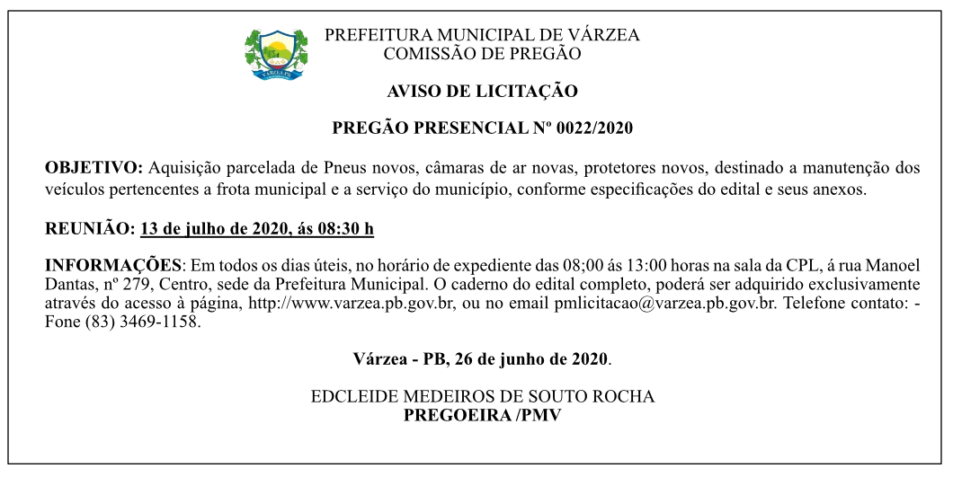 PREFEITURA MUNICIPAL DE VÁRZEA – AVISO DE LICITAÇÃO – PREGÃO PRESENCIAL Nº 0022/2020