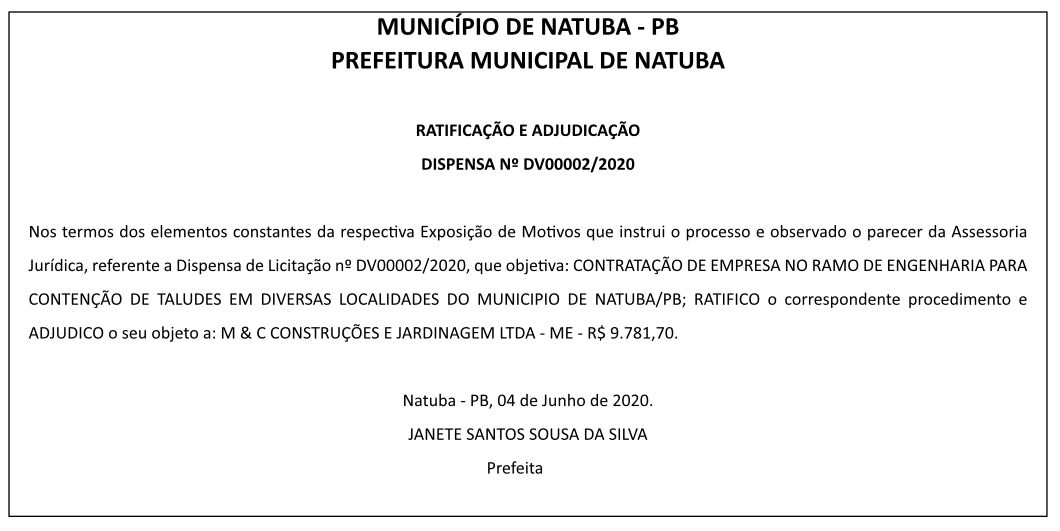 PREFEITURA MUNICIPAL DE NATUBA – RATIFICAÇÃO E ADJUDICAÇÃO – DISPENSA Nº DV00002/2020