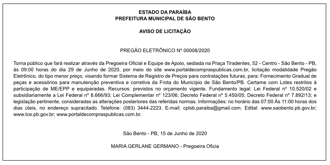 PREFEITURA MUNICIPAL DE SÃO BENTO – AVISO DE LICITAÇÃO – PREGÃO ELETRÔNICO Nº 00008/2020
