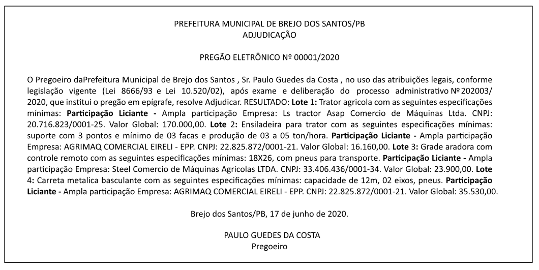 PREFEITURA MUNICIPAL DE BREJO DOS SANTOS – ADJUDICAÇÃO – PREGÃO ELETRÔNICO N 00001/2020