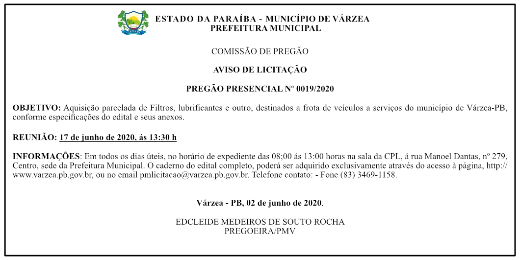 PREFEITURA MUNICIPAL DE VÁRZEA – PREGÃO PRESENCIAL 0019/2020