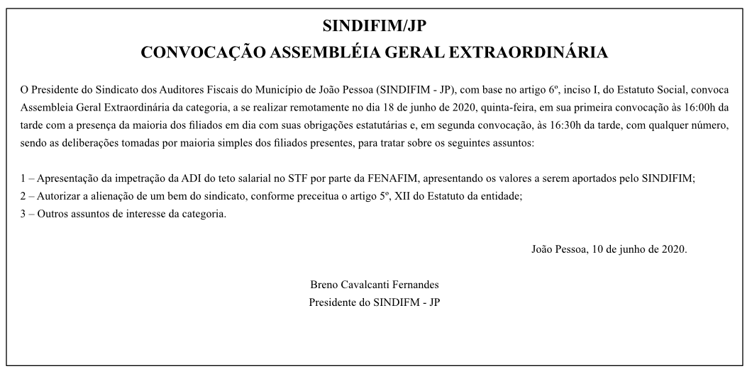 SINDIFIM/JP – CONVOCAÇÃO ASSEMBLÉIA GERAL EXTRAORDINÁRIA