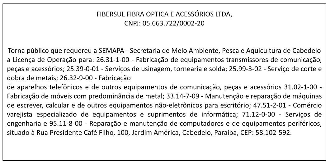 FIBERSUL FIBRA OPTICA E ACESSÓRIOS LTDA – LICENÇA DE OPERAÇÃO