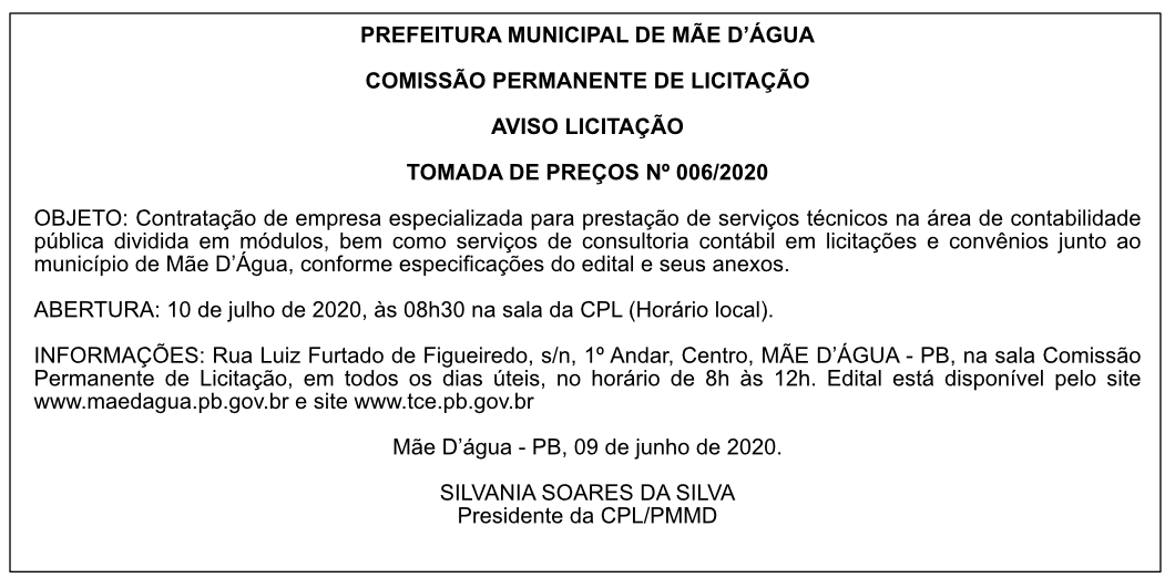 PREFEITURA MUNICIPAL DE MÃE D’ÁGUA – AVISO LICITAÇÃO – TOMADA DE PREÇOS Nº 006/2020