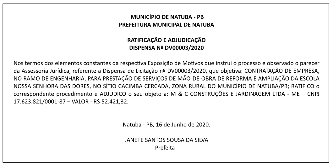 PREFEITURA MUNICIPAL DE NATUBA – RATIFICAÇÃO E ADJUDICAÇÃO – DISPENSA Nº DV00003/2020