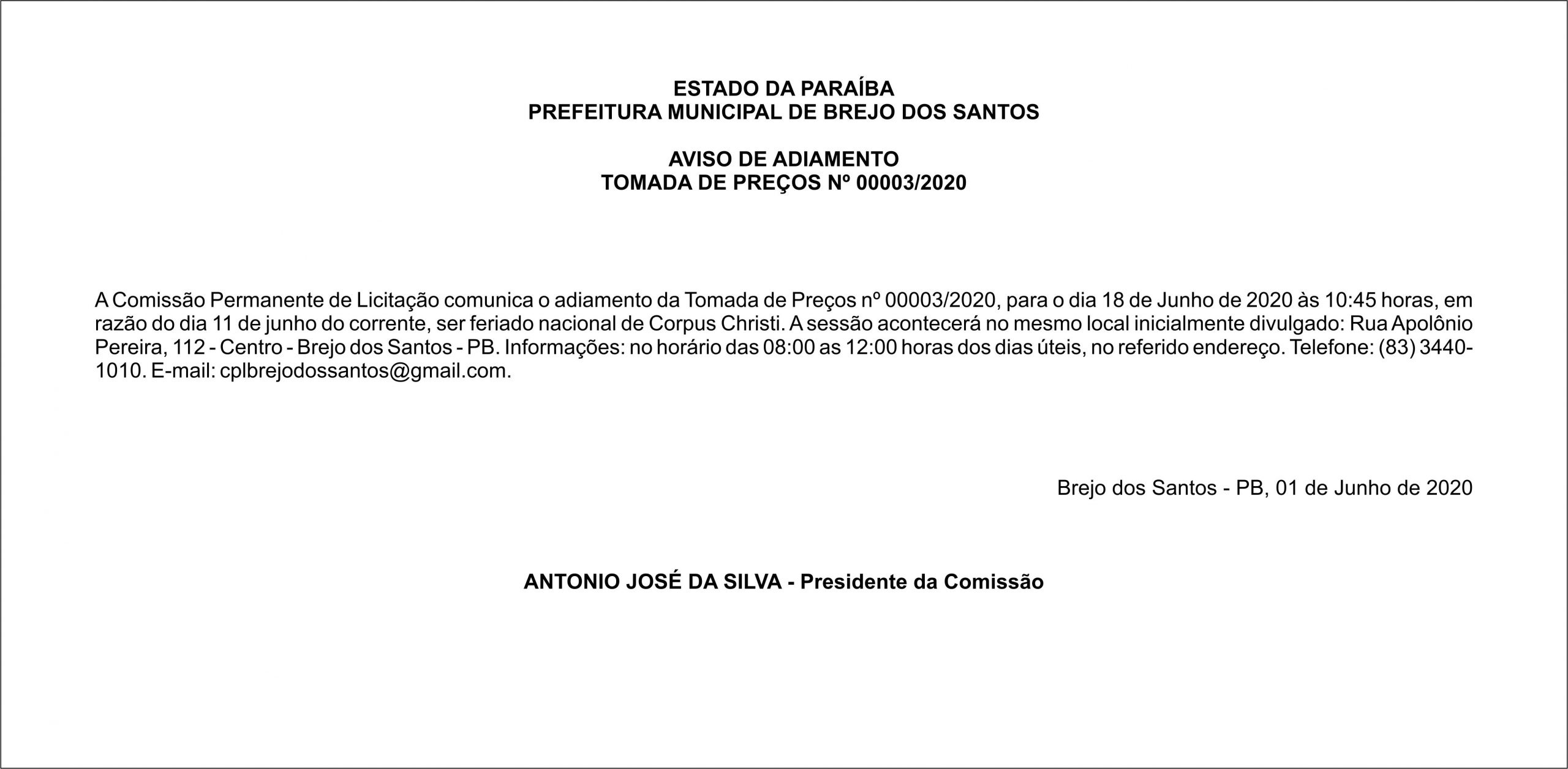 PREFEITURA MUNICIPAL DE BREJO DOS SANTOS – AVISO DE ADIAMENTO – TOMADA DE PREÇOS Nº 00003/2020