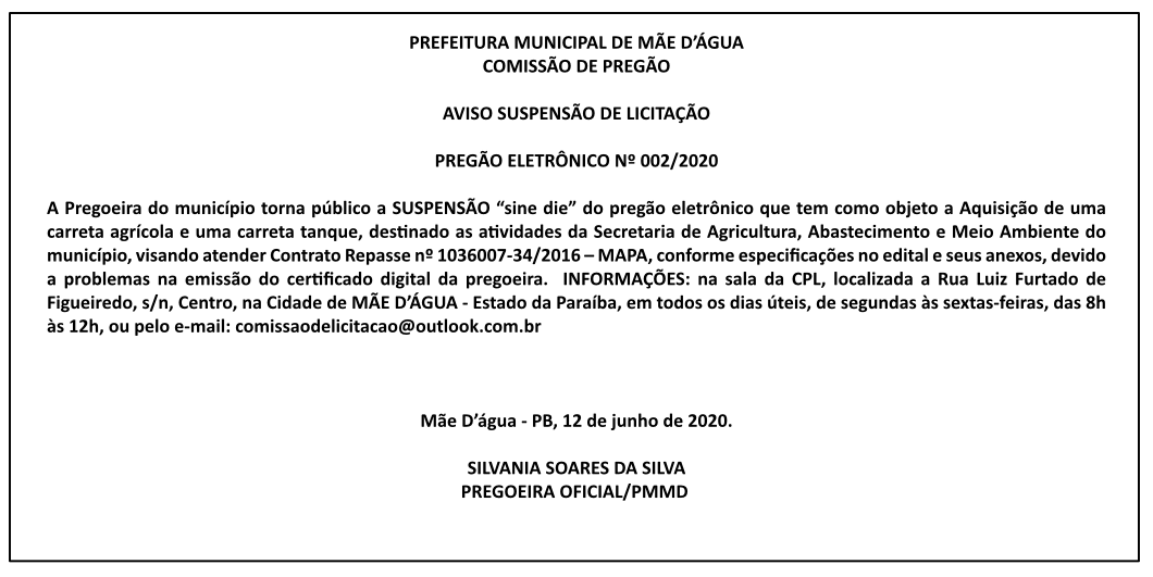 PREFEITURA MUNICIPAL DE MÃE D’ÁGUA – AVISO SUSPENSÃO DE LICITAÇÃO – PREGÃO ELETRÔNICO Nº 002/2020