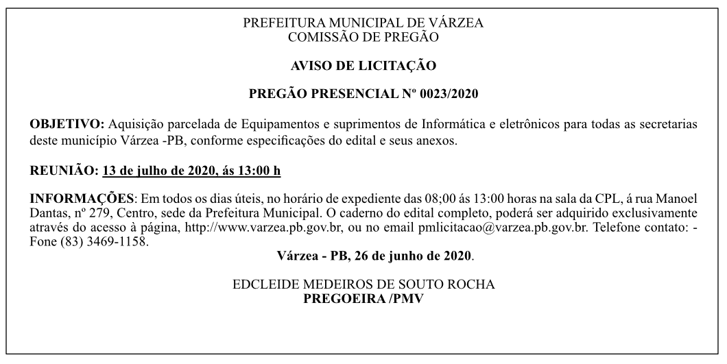 PREFEITURA MUNICIPAL DE VÁRZEA – AVISO DE LICITAÇÃO – PREGÃO PRESENCIAL Nº 0023/2020
