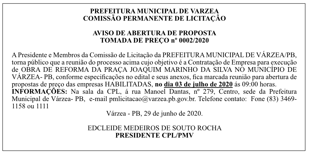 PREFEITURA MUNICIPAL DE VARZEA – AVISO DE ABERTURA DE PROPOSTA – TOMADA DE PREÇO nº 0002/2020