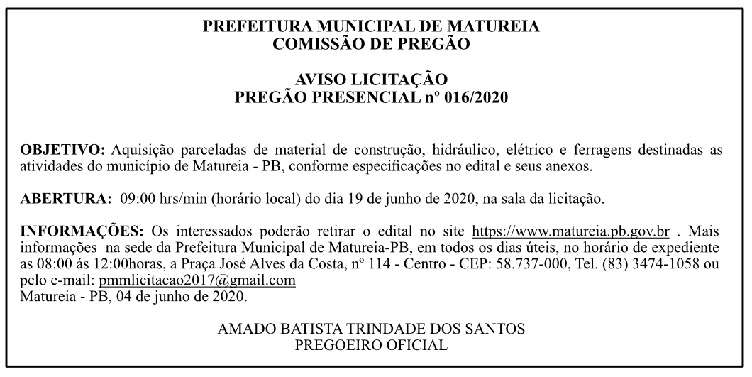 PREFEITURA MUNICIPAL DE MATUREIA – AVISO LICITAÇÃO – PREGÃO PRESENCIAL Nº 016/2020