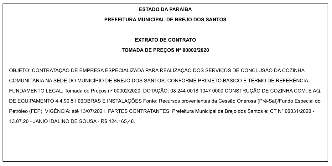 PREFEITURA MUNICIPAL DE BREJO DOS SANTOS – EXTRATO DE CONTRATO – TOMADA DE PREÇOS Nº 00002/2020