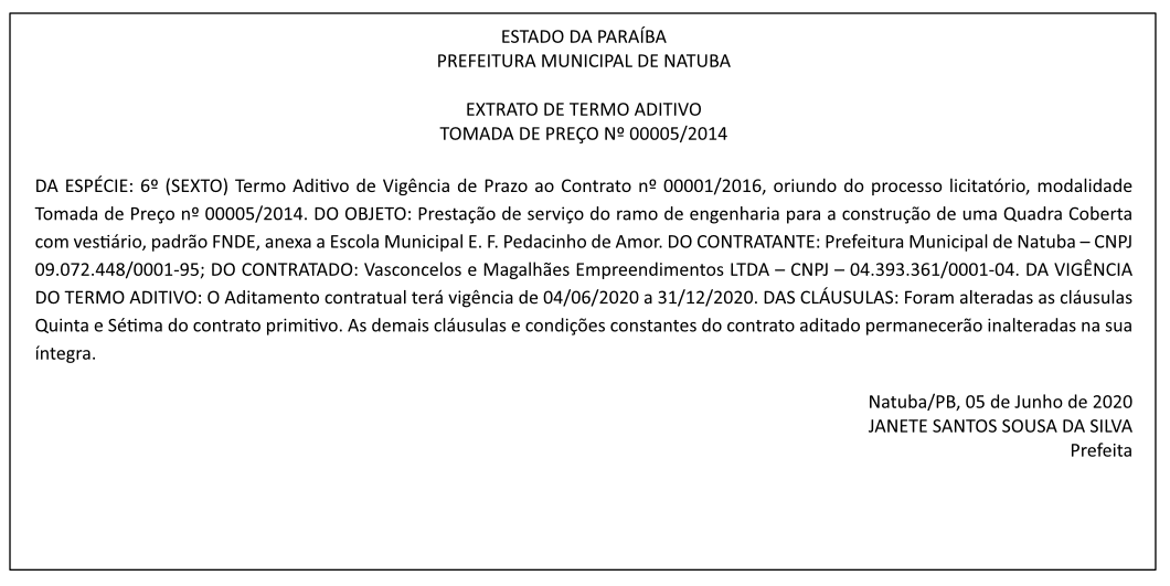 PREFEITURA MUNICIPAL DE NATUBA – EXTRATO DE TERMO ADITIVO – TOMADA DE PREÇO Nº 00005/2014