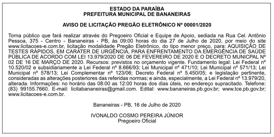 PREFEITURA MUNICIPAL DE BANANEIRAS – AVISO DE LICITAÇÃO – PREGÃO ELETRÔNICO Nº 00001/2020