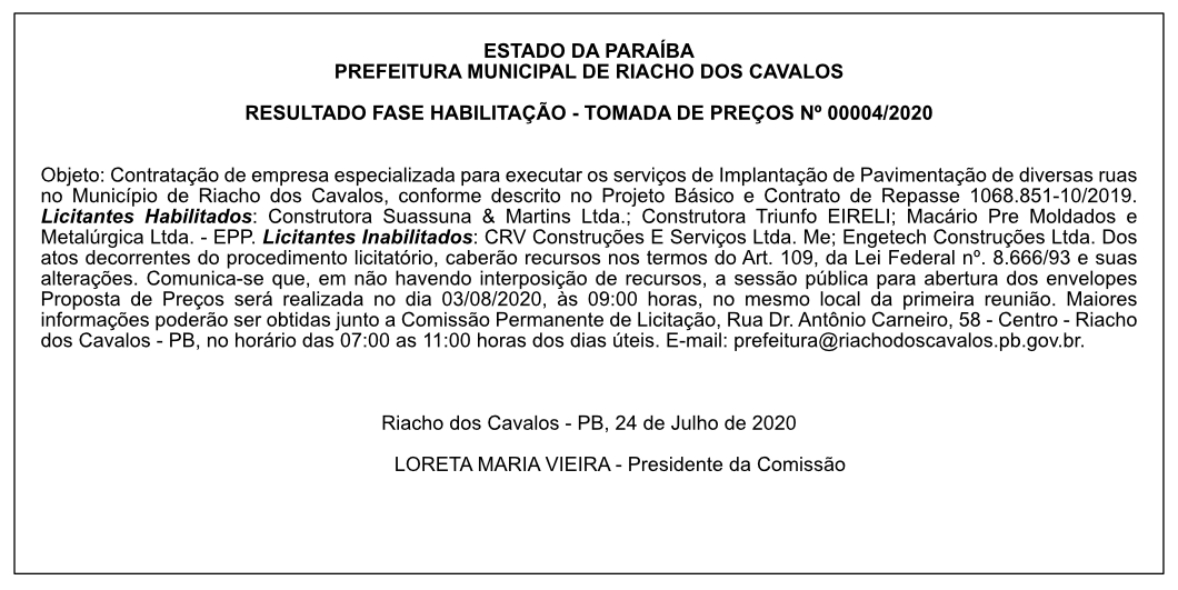 PREFEITURA MUNICIPAL DE RIACHO DOS CAVALOS – RESULTADO FASE HABILITAÇÃO – TOMADA DE PREÇOS Nº 00004/2020