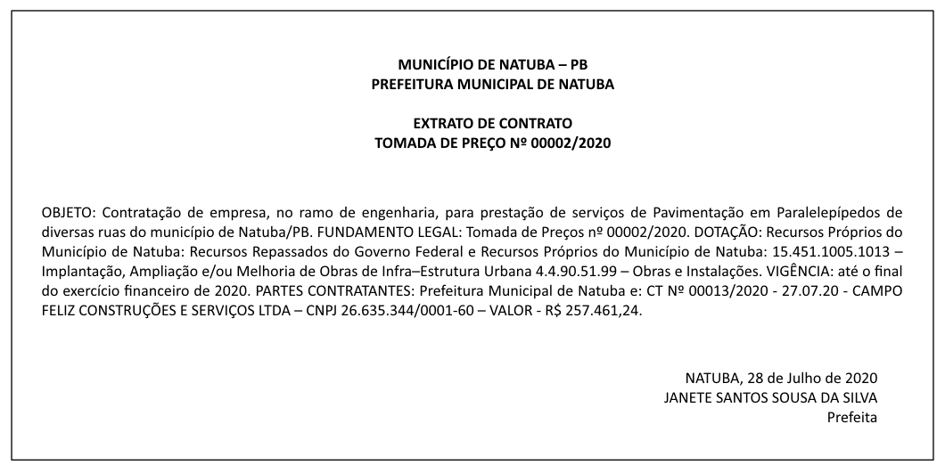 PREFEITURA MUNICIPAL DE NATUBA – EXTRATO DE CONTRATO – TOMADA DE PREÇO Nº 00002/2020