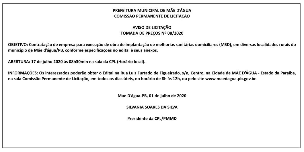 PREFEITURA MUNICIPAL DE MÃE D’ÁGUA – TOMADA DE PREÇOS Nº 08/2020