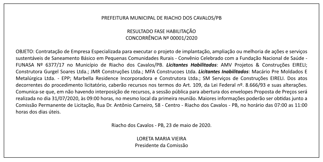 PREFEITURA MUNICIPAL DE RIACHO DOS CAVALOS – RESULTADO FASE HABILITAÇÃO – CONCORRÊNCIA Nº 00001/2020