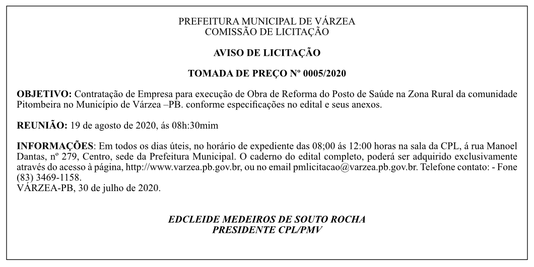 PREFEITURA MUNICIPAL DE VÁRZEA – AVISO DE LICITAÇÃO – TOMADA DE PREÇO Nº 0005/2020