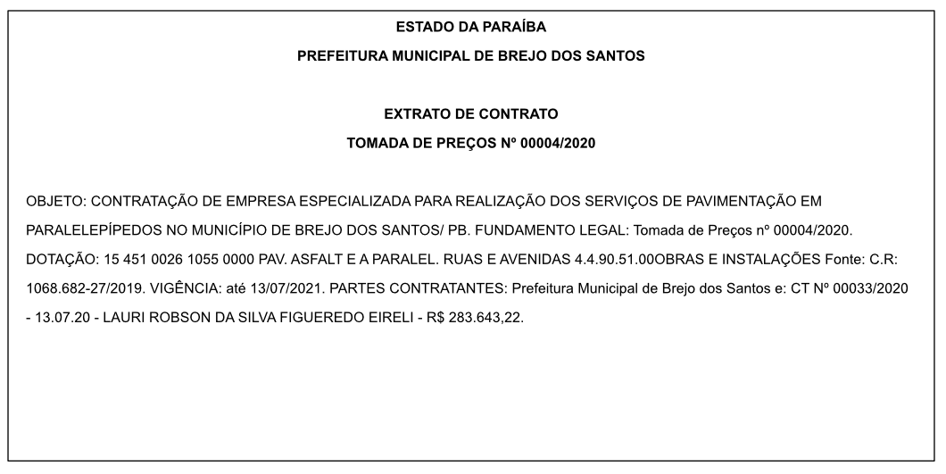 PREFEITURA MUNICIPAL DE BREJO DOS SANTOS – EXTRATO DE CONTRATO – TOMADA DE PREÇOS Nº 00004/2020