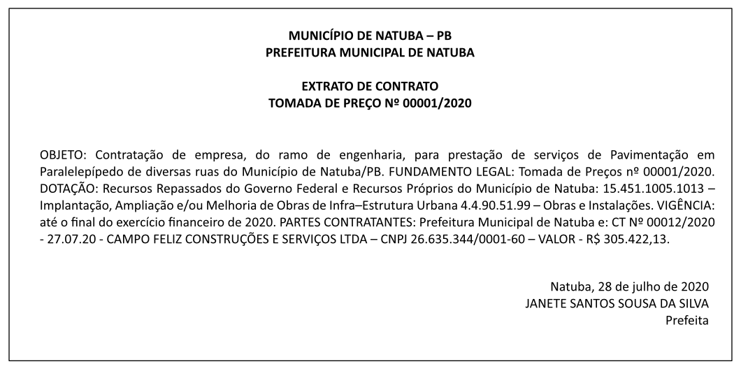 PREFEITURA MUNICIPAL DE NATUBA – EXTRATO DE CONTRATO – TOMADA DE PREÇO Nº 00001/2020