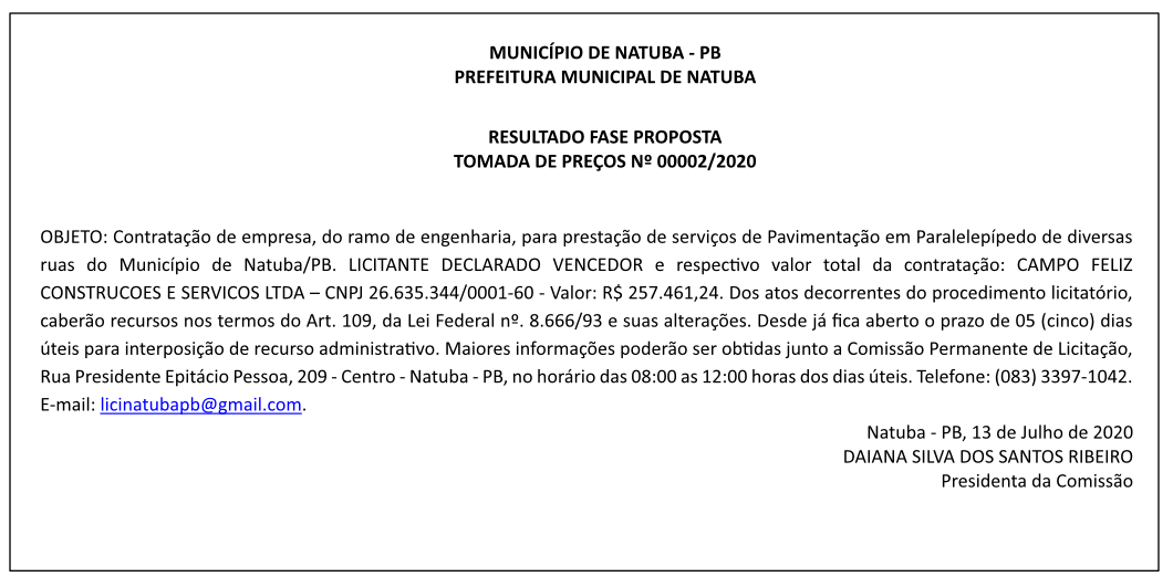 PREFEITURA MUNICIPAL DE NATUBA – RESULTADO FASE PROPOSTA – TOMADA DE PREÇOS Nº 00002/2020