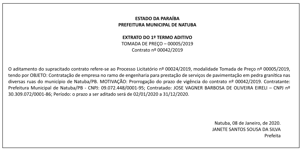 PREFEITURA MUNICIPAL DE NATUBA – EXTRATO DO 1º TERMO ADITIVO TOMADA DE PREÇO – 00005/2019 Contrato nº 00042/2019