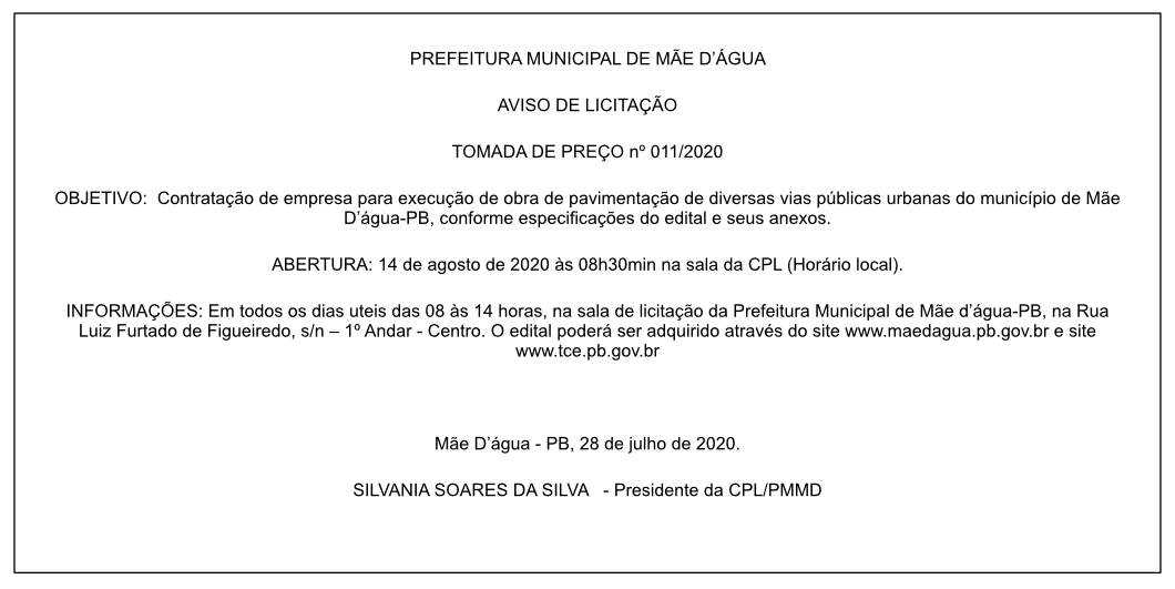 PREFEITURA MUNICIPAL DE MÃE D’ÁGUA – AVISO DE LICITAÇÃO – TOMADA DE PREÇO Nº 011/2020