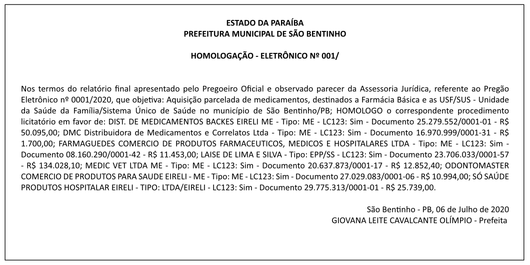 PREFEITURA MUNICIPAL DE SÃO BENTINHO – HOMOLOGAÇÃO – PREGÃO ELETRÔNICO