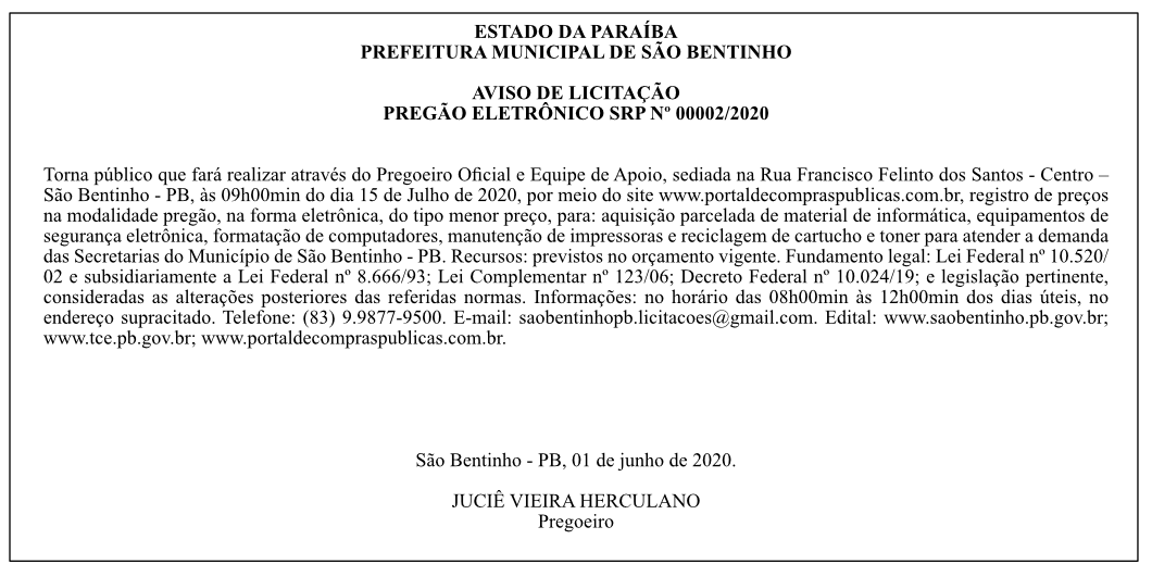PREFEITURA MUNICIPAL DE SÃO BENTINHO – PREGÃO ELETRÔNICO SRP Nº 00002/2020