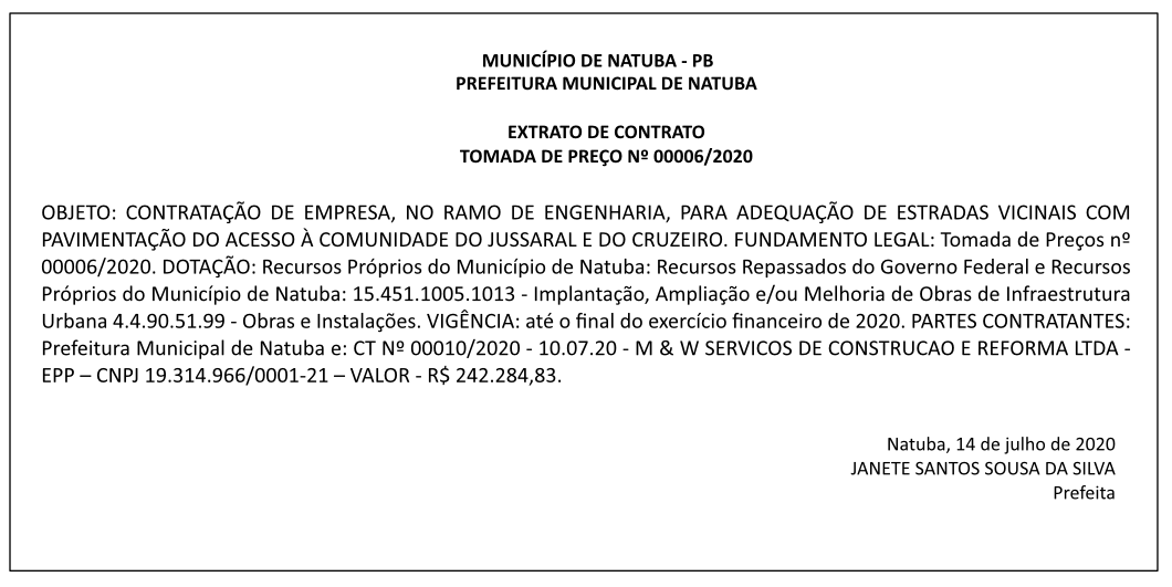PREFEITURA MUNICIPAL DE NATUBA – EXTRATO DE CONTRATO – TOMADA DE PREÇO Nº 00006/2020