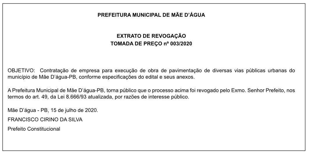 PREFEITURA MUNICIPAL DE MÃE D’ÁGUA – EXTRATO DE REVOGAÇÃO – TOMADA DE PREÇO nº 003/2020