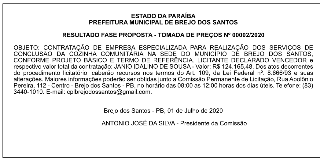 PREFEITURA MUNICIPAL DE BREJO DOS SANTOS – RESULTADO FASE PROPOSTA – TOMADA DE PREÇOS Nº 00002/2020