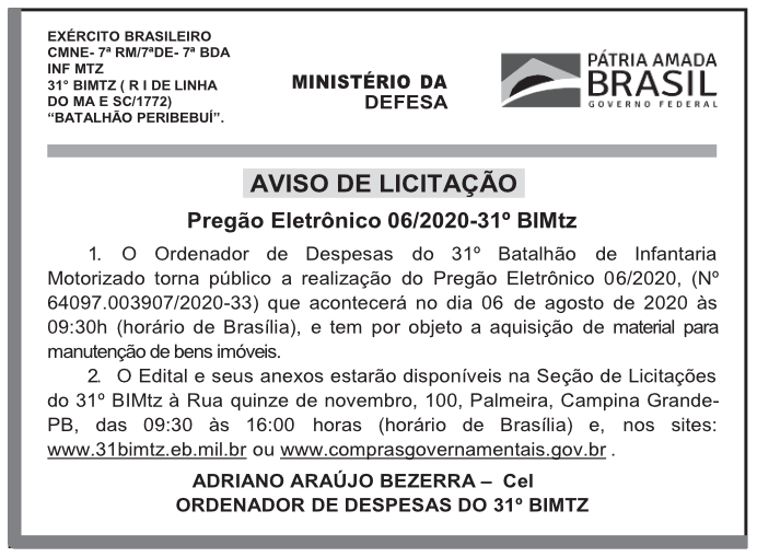 31º BATALHÃO DE INFANTARIA MOTORIZADO – AVISO DE LICITAÇÃO – PREGÃO ELETRÔNICO 06/2020