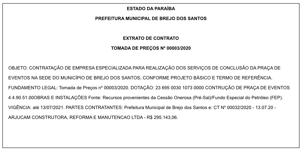 PREFEITURA MUNICIPAL DE BREJO DOS SANTOS – EXTRATO DE CONTRATO – TOMADA DE PREÇOS Nº 00003/2020