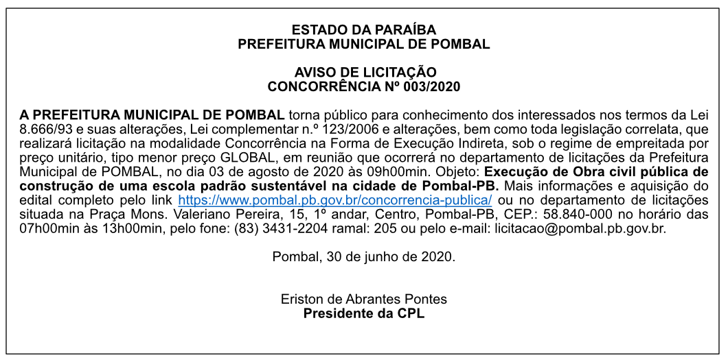 PREFEITURA MUNICIPAL DE POMBAL – AVISO DE LICITAÇÃO – CONCORRÊNCIA Nº 003/2020