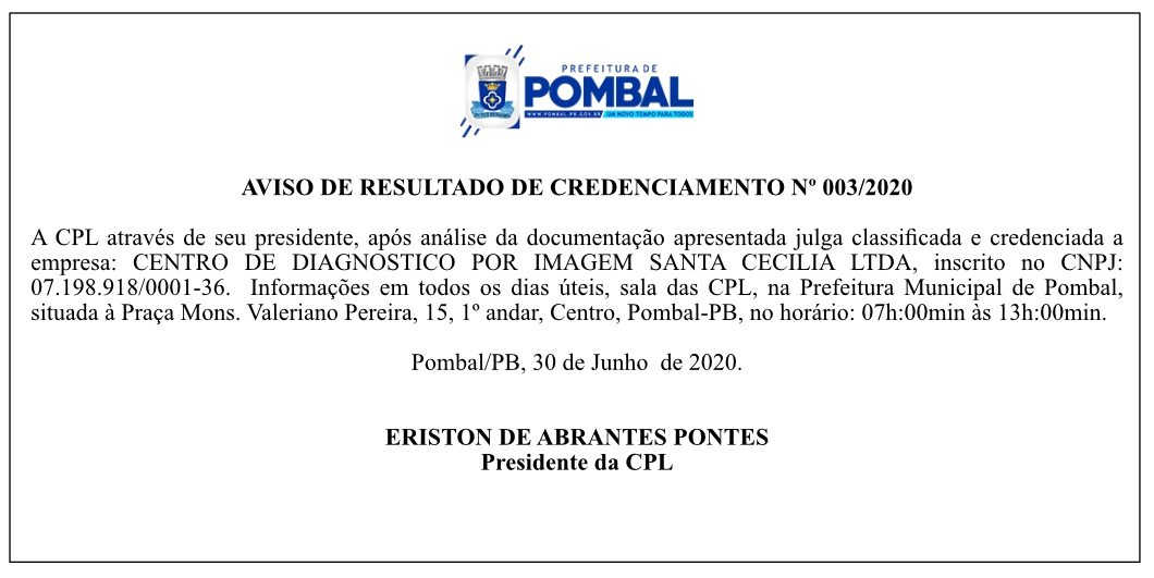 PREFEITURA MUNICIPAL DE POMBAL – AVISO DE RESULTADO DE CREDENCIAMENTO Nº 003/2020